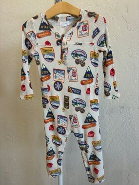 Angel Dear White Waffle Romper with Multicolor Travel Patch Print